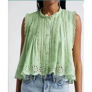 Farm Rio Green Eyelet Embroidered Sleeveless High-Low Blouse SZ Med
